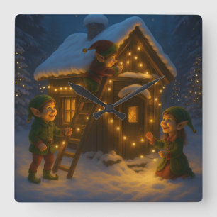 Horloge Carrée Scène de lutin des Fêtes – Joyeuses Fêtes !