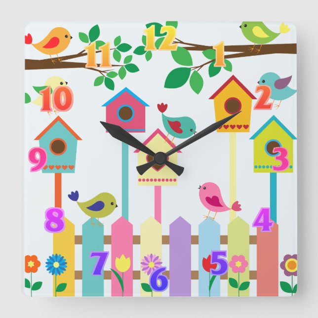 Horloge Carrée Scène de maison d'oiseaux pour enfants (Recto)