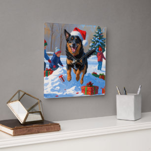Horloge Carrée Scène de neige festive de Noël avec Malinois Belge