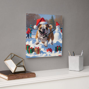 Horloge Carrée Scène de neige festive de Noël Bulldog