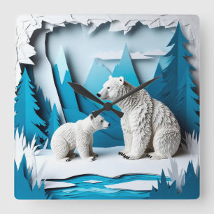 Horloge Carrée Scène de Papercraft d'Ours Polaires dans une Forêt