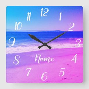 Horloge Carrée Scène de plage personnalisée Aqua Pink Ombre