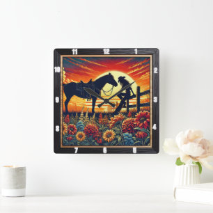 Horloge Carrée Scène Occidentale Représentant Cheval, Rider, Couc
