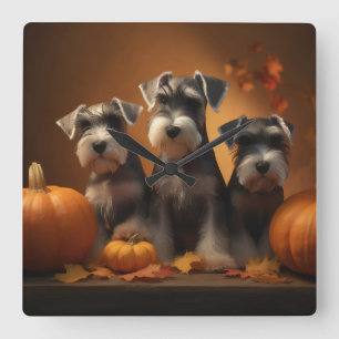 Horloge Carrée Schnauzer Chiot Automne Citrouille de plaisir