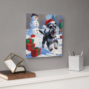 Horloge Carrée Schnauzer courant dans la neige avec un chapeau de