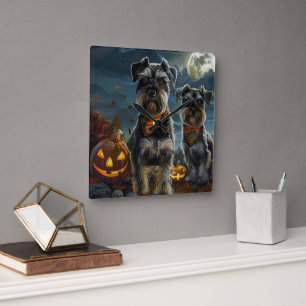 Horloge Carrée Schnauzer Halloween Éffrayant