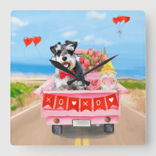 Horloge Carrée Schnauzer Saint-Valentin Camion Cœurs
