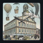 Horloge Carrée Science Fiction vintage, Victorian Steam Punk City<br><div class="desc">Illustration vintage image futuriste de science-fiction de voyage et de transport montrant des gens voyageant par des dirigeables,  des blimps,  des montgolfières,  un train inversé et une automobile convertible antique dans une métropole urbaine rétro-punk à vapeur victorienne.</div>