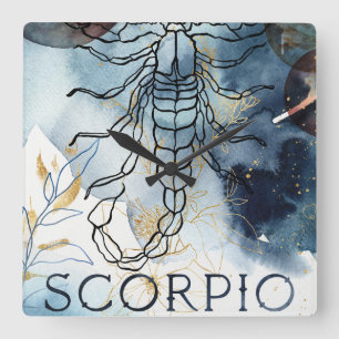 Horloge Carrée Scorpio blue gold flowers planets zodiac astrology
