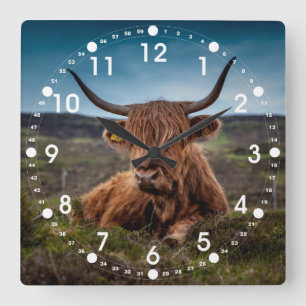 Horloge Carrée Scottish Highland Cow Longhorn Bull Rancher