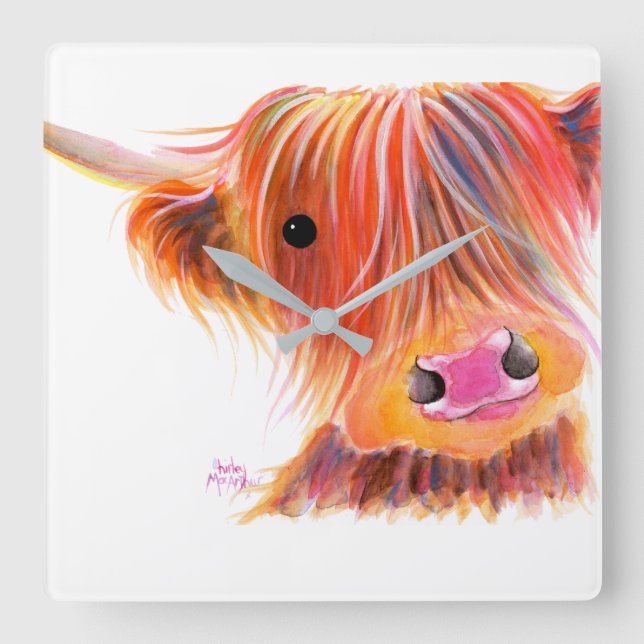 Horloge Carrée Scottish Highland Cow ' SWEET SATSUMA ' par Shirle (Recto)