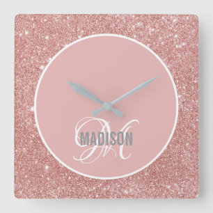Horloge Carrée Script de parties scintillant rose vif moderne mon
