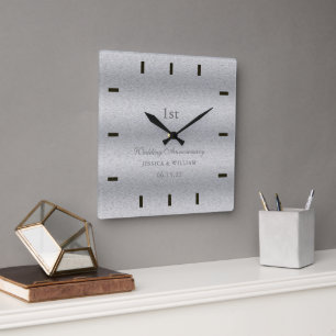 Horloge Carrée Script moderne Argent Mariage Anniversaire Gardien