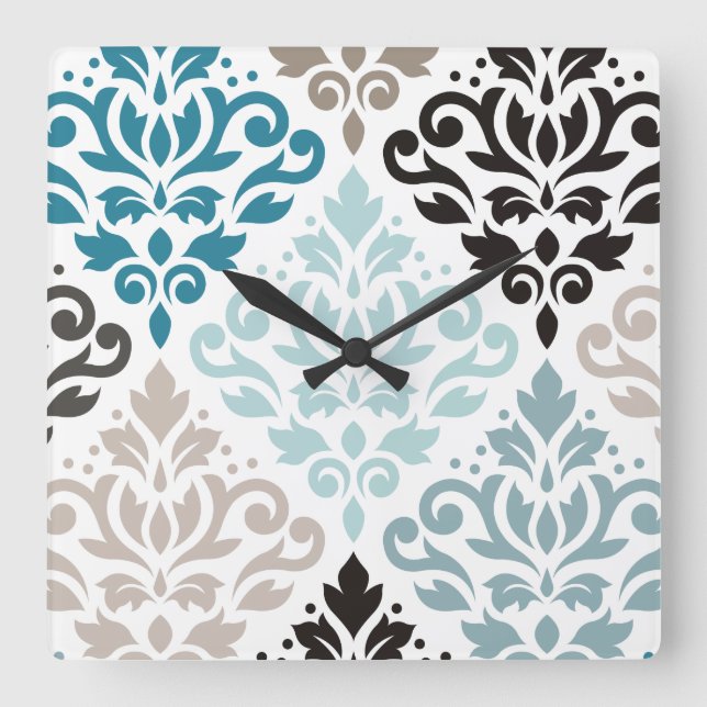 Horloge Carrée Scroll Damask XLg Motif Art Teals Browns White (Recto)