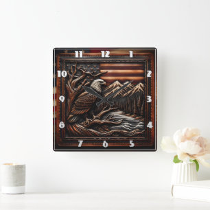 Horloge Carrée Sculpture d'aigle américain avec montagnes et drap