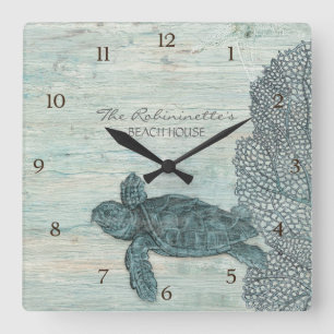 Horloge Carrée Sea Turtle Beach House Driftwood Coastore