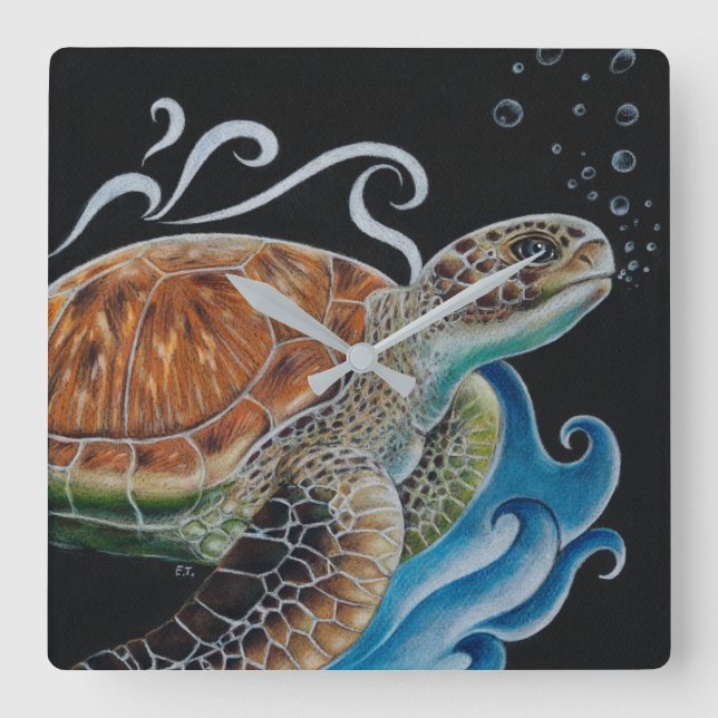 Horloge Carrée Sea Turtle Bubbles Wave Art (Recto)