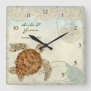 Horloge Carrée Sea Turtle Modern Coastal Ocean Beach Swirls