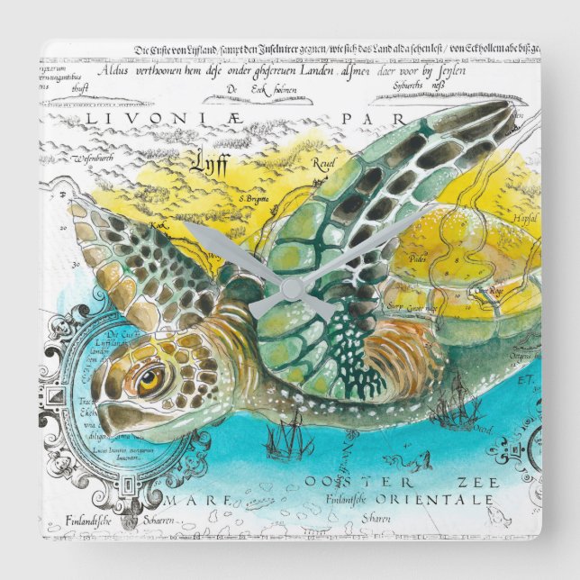 Horloge Carrée Sea Turtle Watercolor (Recto)