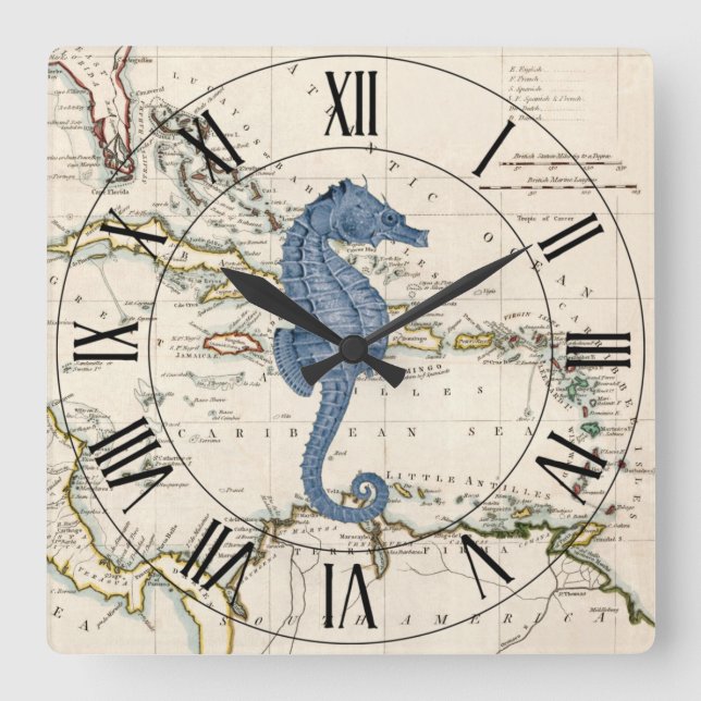 Horloge Carrée Seahorse~Antilles~Carte marine 1785~ (Recto)