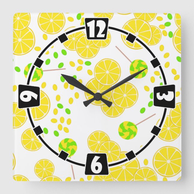 Horloge Carrée Seamless bright lemon slices candy lollipops (Recto)