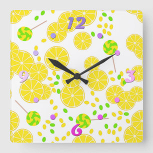 Horloge Carrée Seamless bright lemon slices candy lollipops sweet