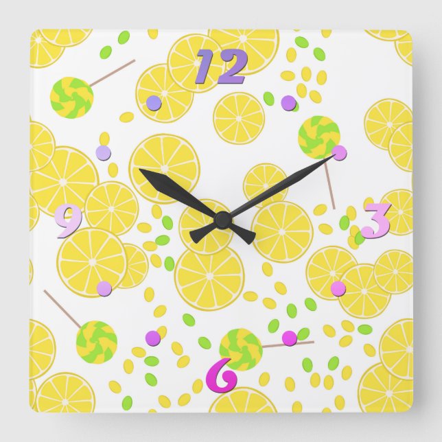 Horloge Carrée Seamless bright lemon slices candy lollipops sweet (Recto)