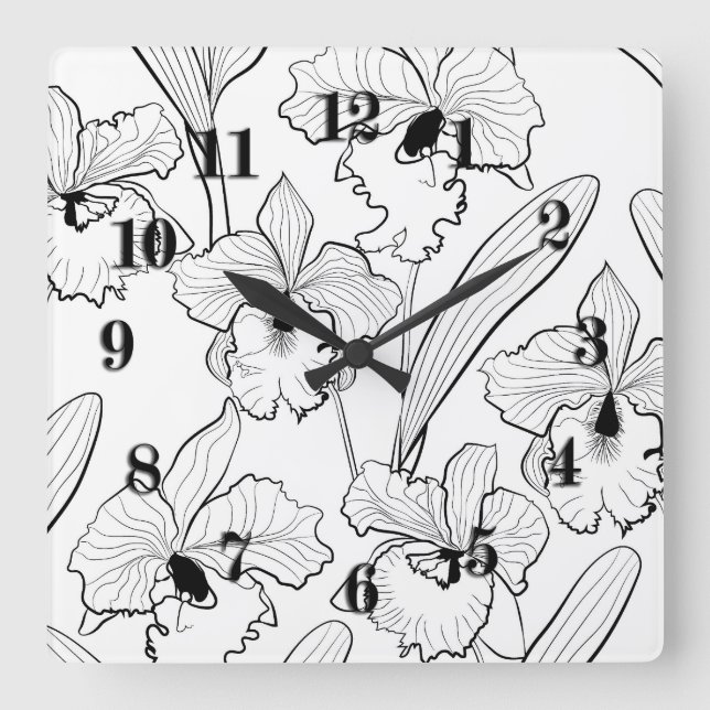 Horloge Carrée Seamless sketched orchid cattleya flowers tropical (Recto)