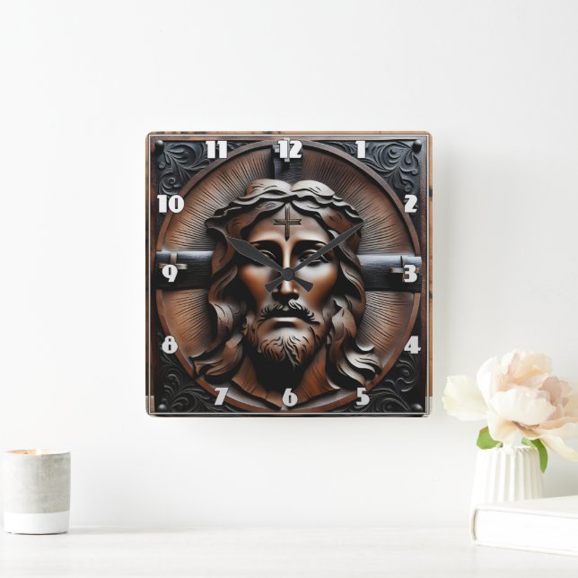 Horloge Carrée Secours sculpté de Jésus avec croix Arrière - plan (Maison)