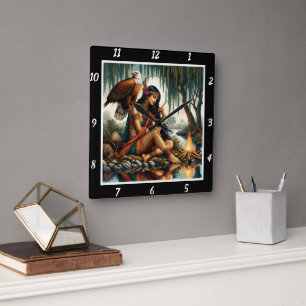 Horloge Carrée Secrets autochtones : Le regard de l'aigle Lune