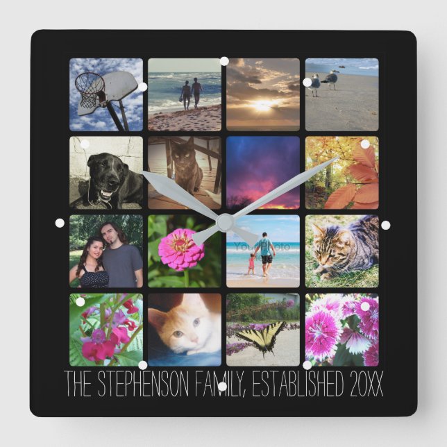 Horloge Carrée Seize angles arrondis Collage photo ou Instagram (Recto)