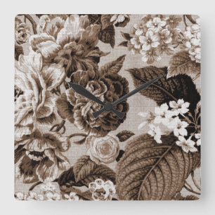 Horloge Carrée Sepia Brown Vintage Floral Toile No.1