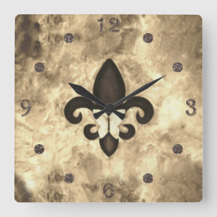 Horloge Carrée Sepia Butterfleur   Tan Butterfly on Fleur de Lis