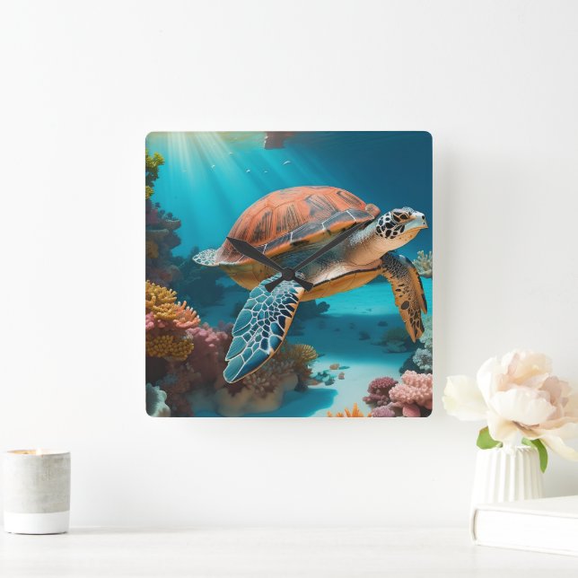 Horloge Carrée Serene 3D Sea Turtle dans Ocean Tranquille Marine  (Maison)