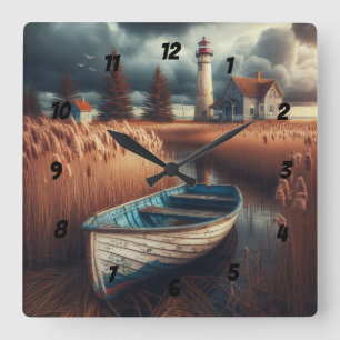 Horloge Carrée Sérénité côtière : Phare et bateau à moteur