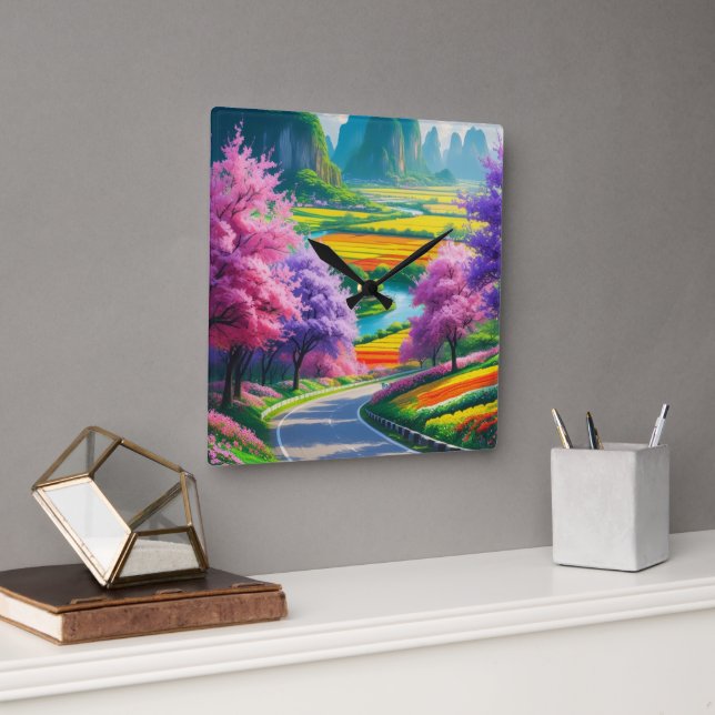 Horloge Carrée "Sérénité printanière - Sentier floral intemporel  (Bureau)