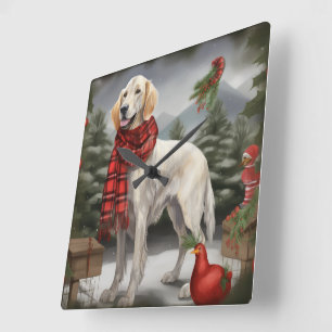 Horloge Carrée Setter Anglais Chien dans la neige Noël