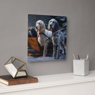 Horloge Carrée Setter Anglais Décor Noël Traîneau Neigeux