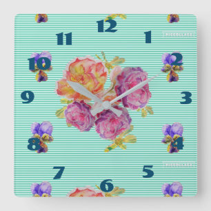 Horloge Carrée Shabby Chic Aqua Rose Rose Floral Room Turquoise