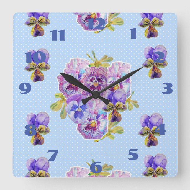 Horloge Carrée Shabby Chic Bleus Pensées Fleur Floral Point (Recto)