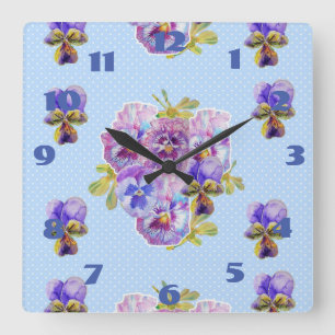 Horloge Carrée Shabby Chic Blue Pansies Pansy Floral Dot