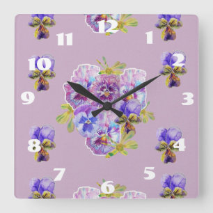 Horloge Carrée Shabby Chic Lilac Pansies Pansy Floral Room Horlog