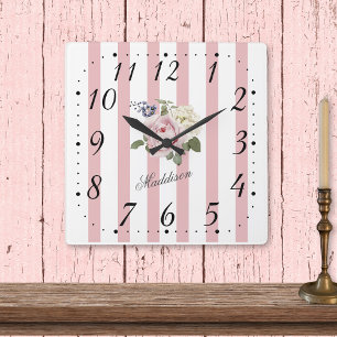 Horloge Carrée Shabby Chic Pink Striped Rose Bouquet