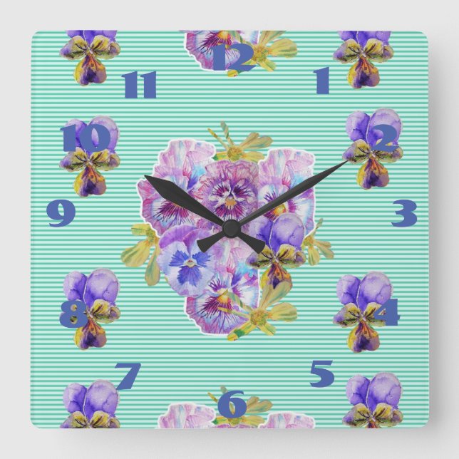 Horloge Carrée Shabby Pansies Pansy Floral Aqua Turquoise (Recto)