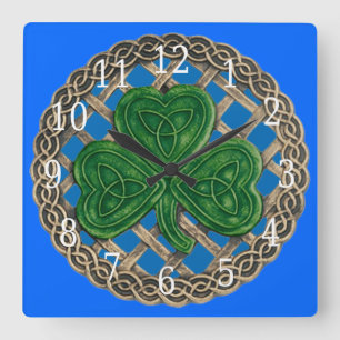 Horloge Carrée Shamrock Bleu Et Écluse De Carré De Noeuds Celtiqu