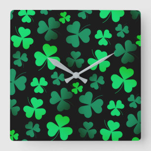 Horloge Carrée Shamrock Clover Moderne tendance Noir et Vert