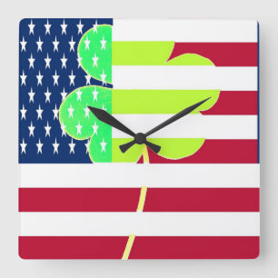 Horloge Carrée Shamrock du drapeau irlandais-américain Clover St.