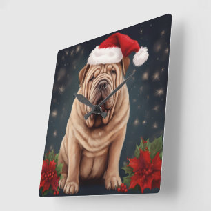 Horloge Carrée Shar Pei Chien dans Noël de neige