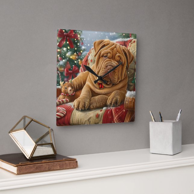 Horloge Carrée Shar Pei Chien Festif de Noël (Bureau)