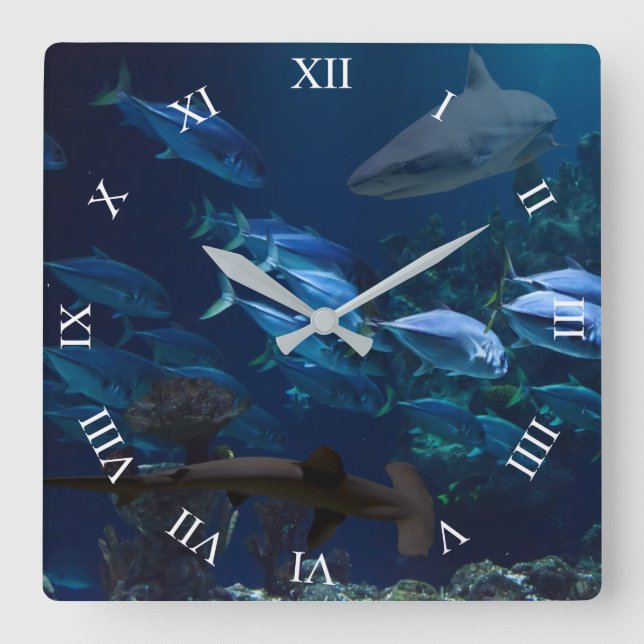 Horloge Carrée Sharks and School of Fish in Blue Ocean Wall Clock (Recto)